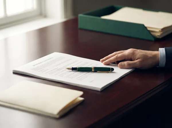 Contrato empresarial sobre mesa de reunião, com caneta e pastas de documentos
